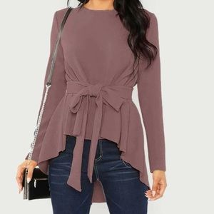 SHEIN Self Tie Belted High-Low Mauve Blouse